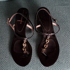 Arturo Chiang Black Sandals with Gold Chain Accent